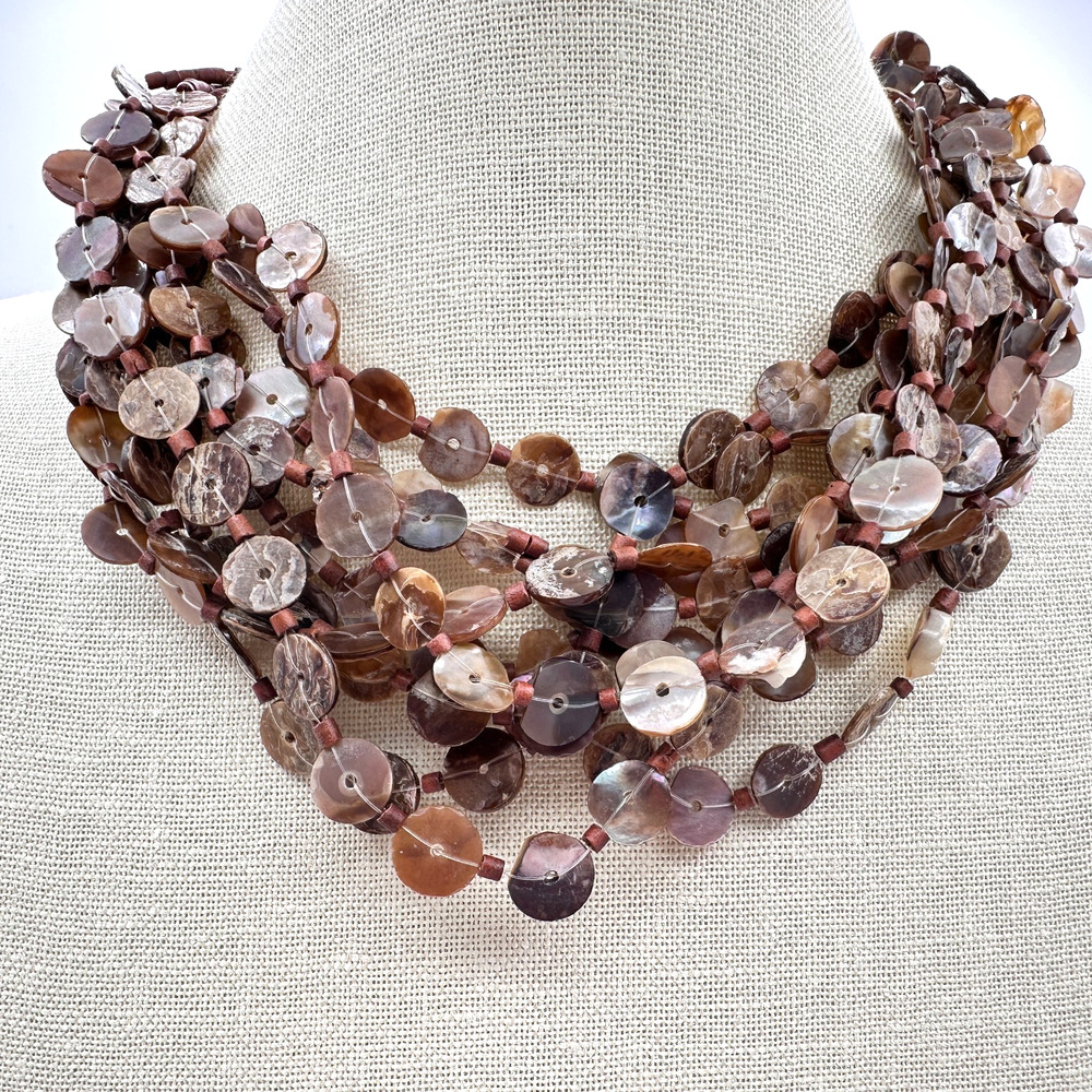 Vintage 80s Boohoo strands Brown Capizzi Shell Choker Necklace Statement Jewelry